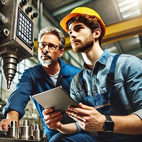 Image: Two technicians analyzing equipment issues as part of a CMMS strategy.