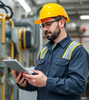 Technician using asset tracking software to collect data on factory equipment.