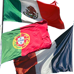 Image: A collage of the flags from France, Mexico, and Portugal.