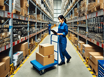 Image: A representation of a warehouse working checking inventory.