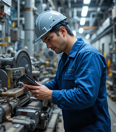 A technician using CMMS software during industrial maintenance tasks