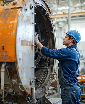 A maintenance mechanic working on a large piece of equipment.