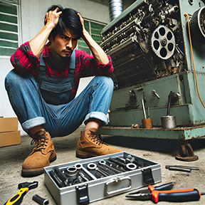 Image: A frustrated maintenance technician reviewing tasks after making common maintenance mistakes.