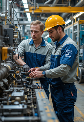 Maintenance technician collaborating with a production operator to improve efficiency using CMMS software.