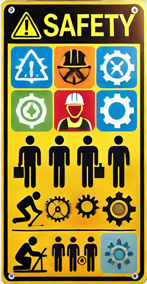 Image: A Safety sign showing various warnings and safety symbols